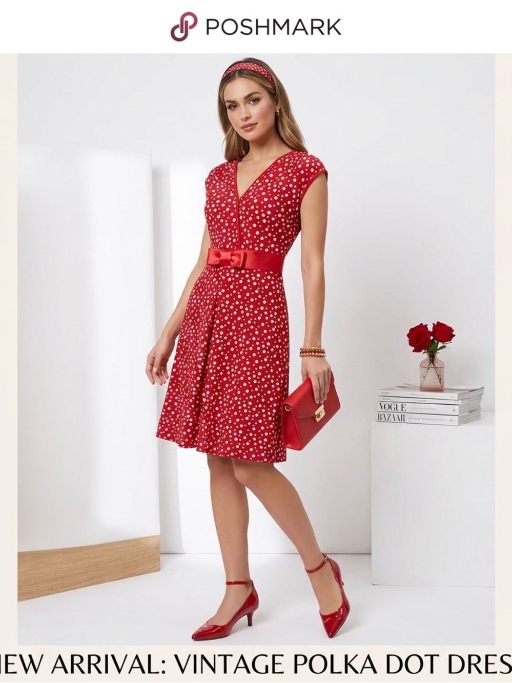 🌹 STUDIO AA V NECK FRONT & BACK RED & WHITE POLKA DOT SZ:14 DRESS MIDI EUC